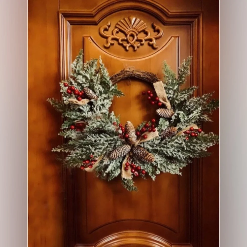 Festive Holiday Wreath with Red Berries, Pinecones and Artificial Snow